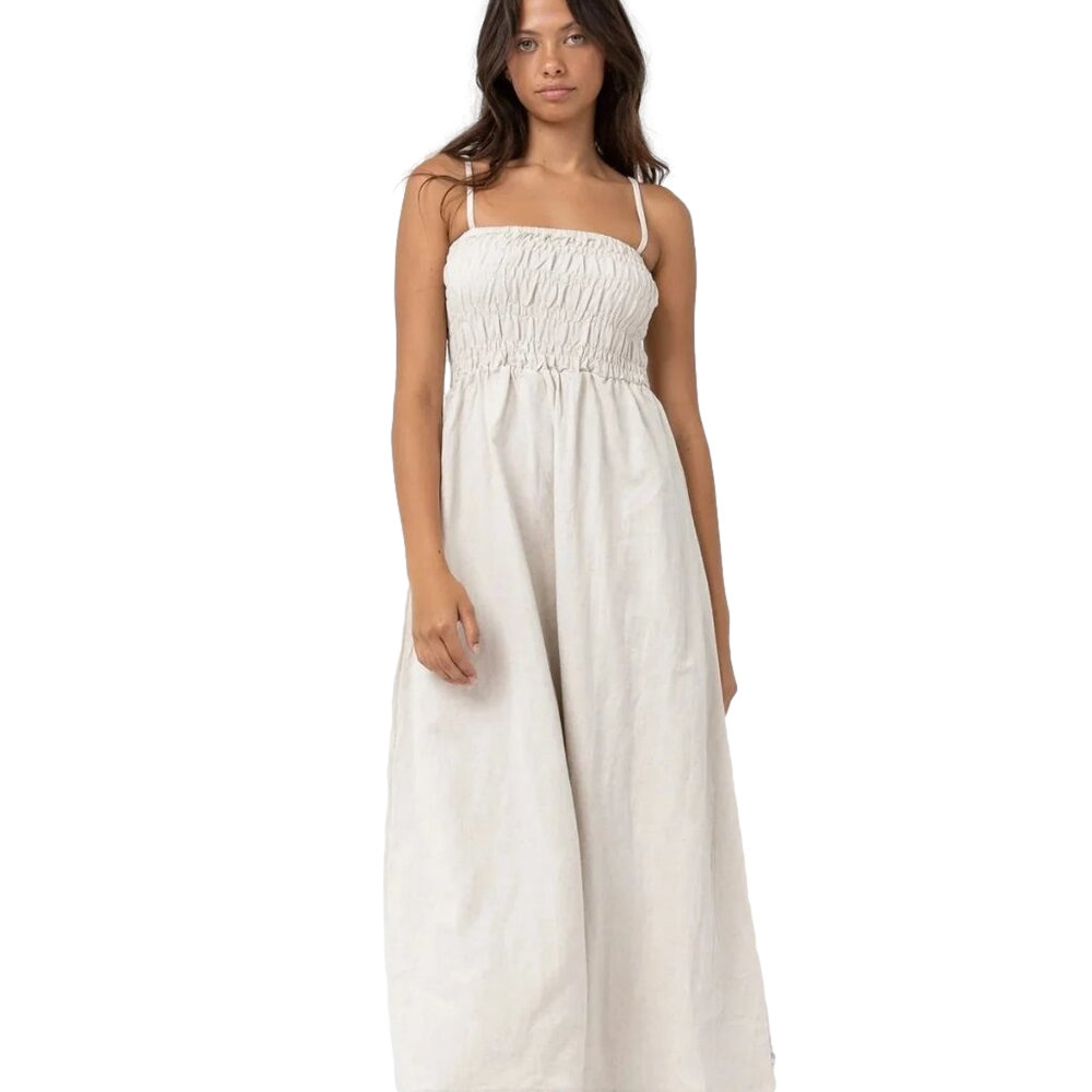 RHYTHM Women's Classic Shirred Midi Dress Oat Medium NWT- Australian Made 🦘 - Picture 1 of 13